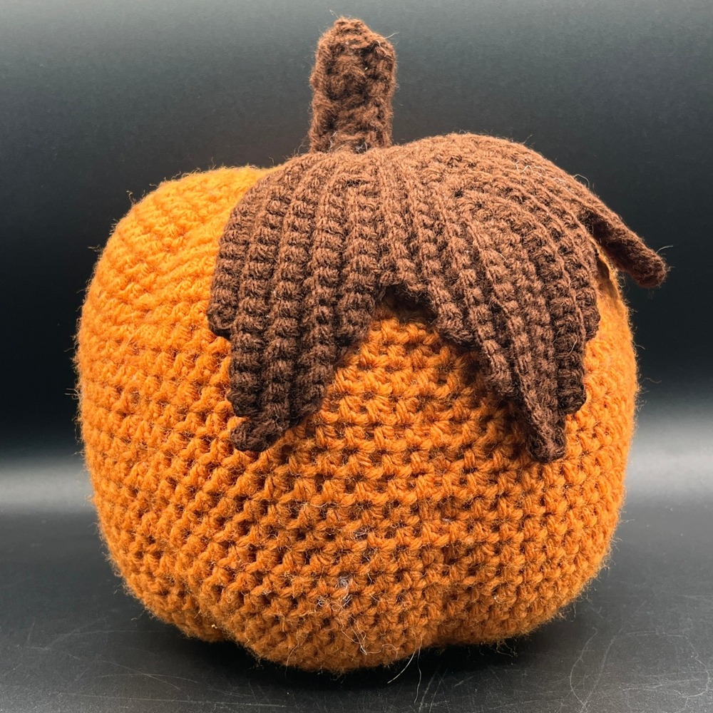 Handmade Crochet Pumpkin Orange Brown Fall Autumn Thanksgiving Decor 7"x 6" Vtg - Picture 4 of 7